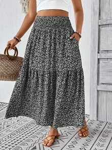 Chân váy midi dáng suông họa tiết hoa nhí cho nữ cỡ lớn, có bèo nhún, cạp chun, thích hợp cho kỳ nghỉ thu hè. - Hoa đen - Xem 8