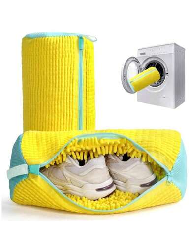1pc Washing Machine Shoe Bag, Fits All Shoe Types - Yellow With Blue Zipper, Soft Thermal Lined, Ideal For Athletic & Casual Shoes, Laundry Bag, Holiday Essential, Travel Accessory, Graduation Gift