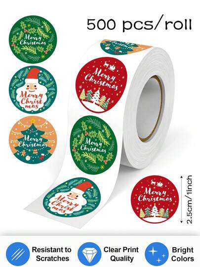 500 piezas/Rollo Cinta autoadhesiva redonda feliz de Navidad, 1 pulgada de diámetro, 4 patrones de dibujos animados navideños, fiesta de vacaciones, envolver regalos, manualidades de scrapbooking, decoración DIY, arte de collage, rollo de pegatinas de PVC