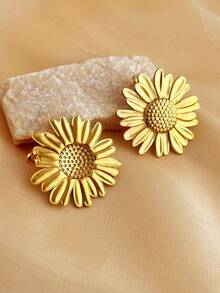 1 Pair 18K Gold Plated Stainless Steel Sunflower Design Women's Earrings, Party Gift Valentines,Mom,Mother,Mother's Day,Gift - Sunflower - View 3