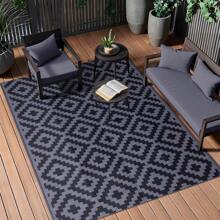 Tappeto da esterno da 8ft x 10ft, impermeabile, reversibile, tappeto da esterno in plastica intrecciata, tappeto da esterno con motivo geometrico adatto per roulotte, sito di campeggio, picnic, roulotte, cortile, patio, balcone, spiaggia (nero e grigio)
