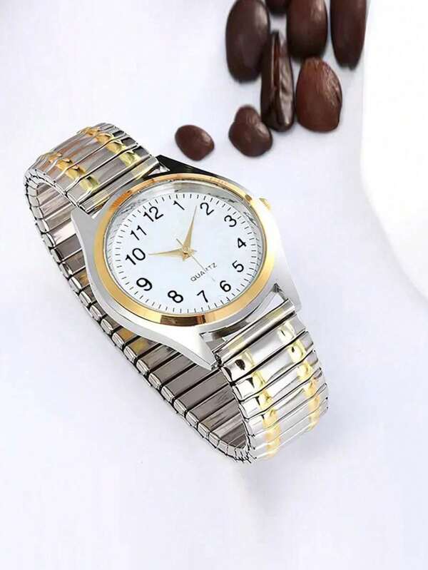 1 pièce Montre à quartz style rétro avec grand cadran, chiffres arabes et bracelet élastique, convient aux hommes et femmes d'âge moyen et âgés