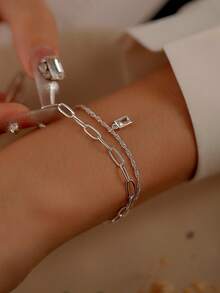 Tkool 2 件套女士手链，时尚简约方晶锆石几何矩形吊坠设计多层手链套装，独特的珠宝礼物