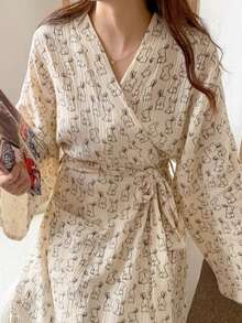 1pc Women Robe House Dress Long Sleeve Sleepwear, Minimalist European Style Spring Autumn Petite Plus Size Thin Solid Color Bathrobes Loungewear