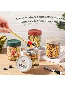 1/4 500毫升透明玻璃厨房储物罐，带盖，适用于隔夜燕麦片杯，适用于办公室或健身房的酸奶、水果和零食。用于在厨房储存燕麦片、布丁、水果和隔夜燕麦片，学校用品，返校必备学校用品