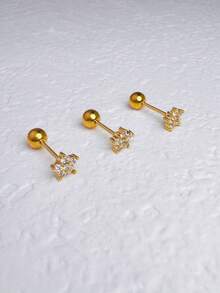 3 件不锈钢小号五瓣花杠铃耳钉 Srecw 球平背耳钉女式耳环，14K 镀金微型锆石，适用于耳廓软骨耳轮波西米亚风格优雅穿孔珠宝 - Gold-1# - 查看 3