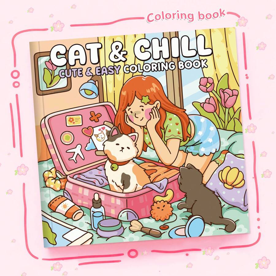 1pc CAT&CHILL Puzzle Stress Relief, Adult Coloring Book, Content Containing Girls And Pet Friends Making Pizza, Drinking Afternoon Tea And Taking Photos And Other Comfortable Scenes, The Pattern Is Exhaust And The Lines Are Clear, Coloring Book, Back To School, School Supplies, Bestie Gifts