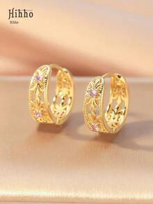 Hihho 1 Pair Vintage Style Hollow Geometric Round Brass Plated Zirconia Earrings With Purple Stones, Fashion Jewelry Gift For Women - Bạc - Xem 1