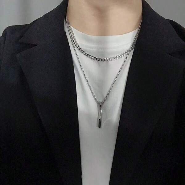 1 pieza Collar colgante de espiral de doble capa para hombre, cadena de suéter simple y cool de estilo coreano de moda con barra trenzada
