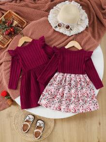 女童两件套：圆领盖袖条纹可爱蝴蝶结连衣裙 + 小碎花连衣裙