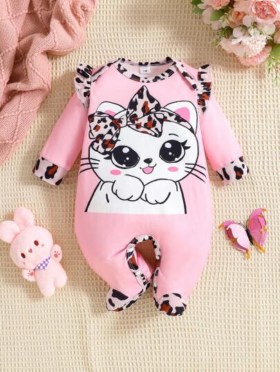 1 Peça Macacão Bebê Meninas Estampa de Leopardo com Laço, Design Fofo de Gatinho