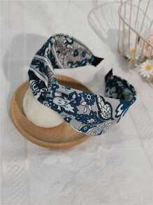 1 pieza Diadema ancha con lazo y estampado de flores, accesorio para el cabello de tela para uso diario, diadema para mujeres, accesorios para el cabello