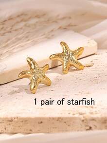 6 对时尚简约金色海星、贝壳、蝴蝶结、心形、玫瑰花耳钉套装 - 金色 - 查看 4