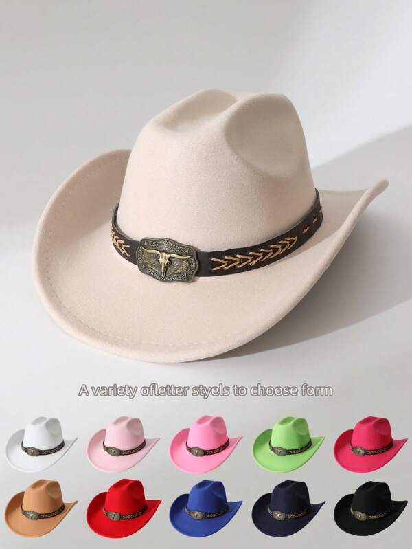 1 pezzo Cappello da cowboy in feltro dalla tesa larga con decorazione in cintura di pelle, per donna, cappello occidentale in lana alla moda unisex per uso all'aperto e casual
