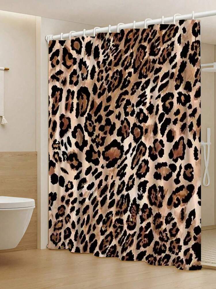 1/4 件 Visual Vortex 豹纹浴室浴帘套装，防水窗帘带 12 个挂钩，防滑浴室地毯，U 型马桶垫，马桶盖套，浴室装饰，浴室窗帘套装，适合所有季节返校 - 棕色 - 查看 5