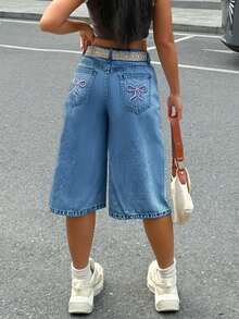 Jeans a vita alta, a gamba larga e a sette punti, con tasche con ricamo a farfalla, stile Y2K, per donne