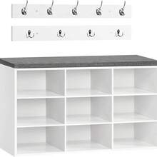 Wardrobe Shoe Rack Set, Shoe Bench With 9 Shelves, Shoe Rack With Upholstered Bench, Wall Wardrobe With 9 Hooks, Shoe Cabinet For Hallway, Entrance Area, Bedroom White