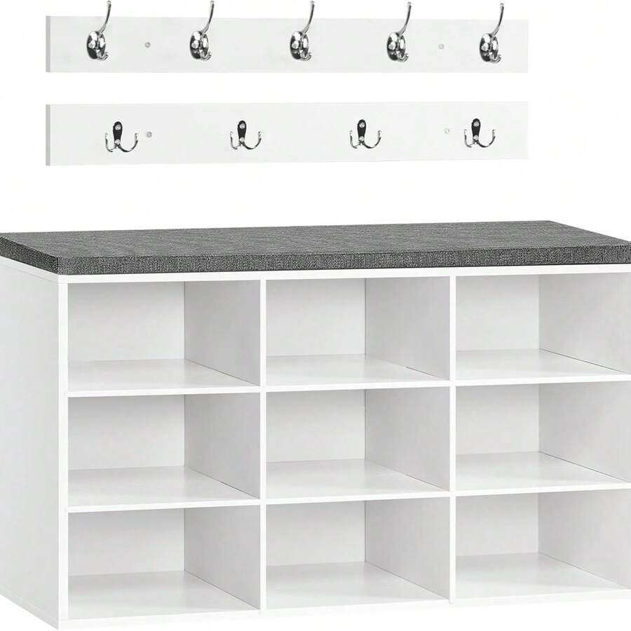 Wardrobe Shoe Rack Set, Shoe Bench With 9 Shelves, Shoe Rack With Upholstered Bench, Wall Wardrobe With 9 Hooks, Shoe Cabinet For Hallway, Entrance Area, Bedroom White