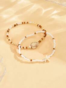 2 pièces Ensemble de bracelets de cheville bohème perlés, bijoux de plage en coquillages dorés, accessoires de mode pour vacances convenant à un port quotidien et aux voyages