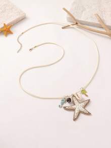 1pc Cute Ocean Style Raffia Grass Starfish Seahorse Shell Palm Tree Beaded Long Necklace, Suitable For Women Daily Casual Beach Vacation Wear, Decor For Dresses - Multicolor - View 6