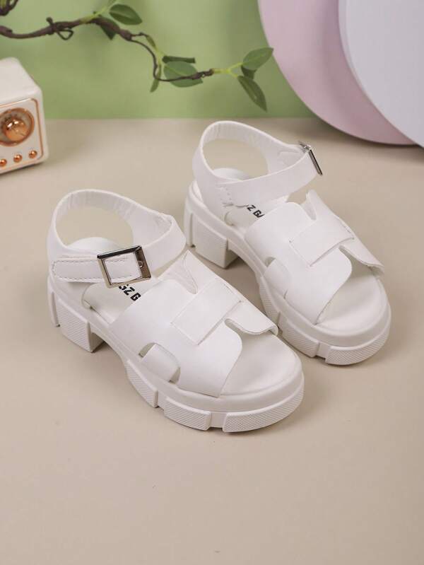 1 Pair Girls' Outdoor Sandals, New Summer Design Round Toe Solid Color Thick-Sole Anti-Slip Fashion Comfortable Kids Roman Sandals