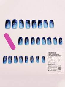 24 peças de unhas postiças longas brilhantes gradiente azul-marinho e brancas pontilhadas, pontas de unhas artificiais inspiradas em sereias