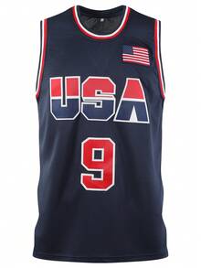 Atonmore 男子篮球服 9 号蓝色刺绣缝制篮球衫，无袖背心休闲运动衫