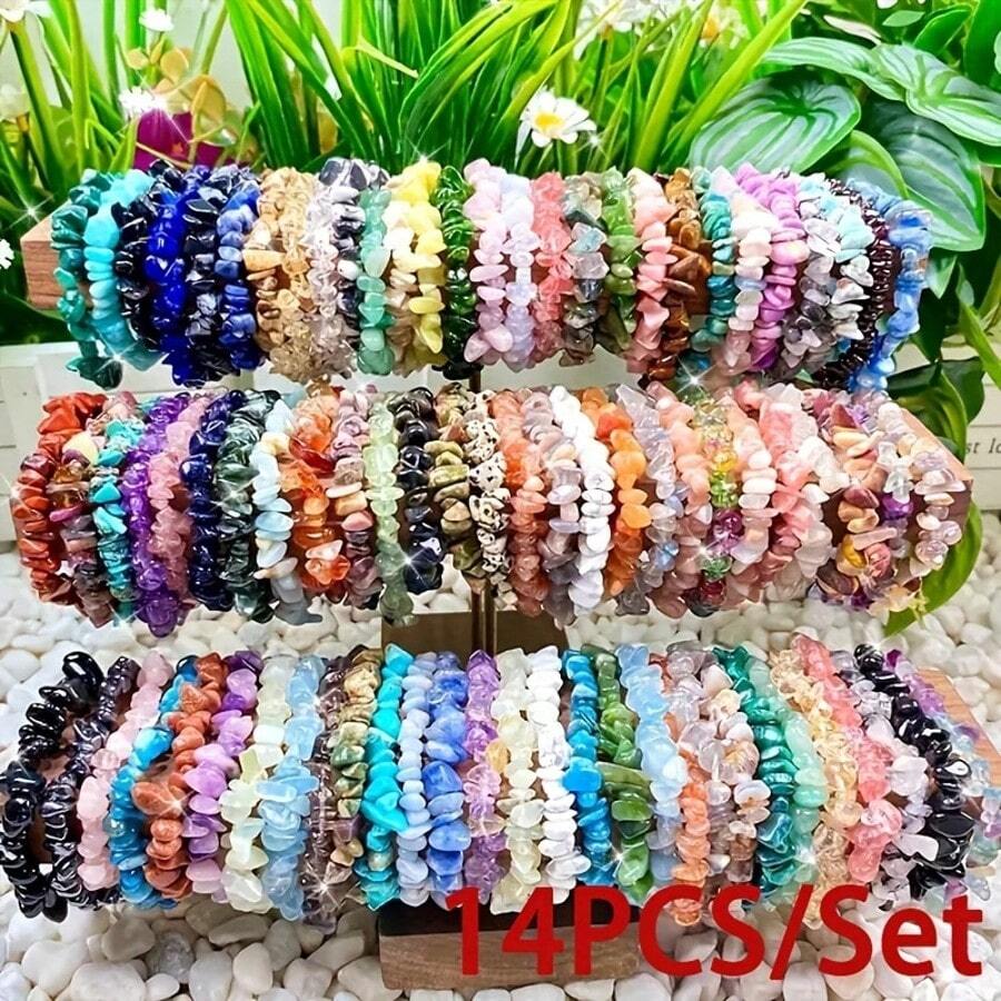 7/14/28 Pcs/Set Natural Stone Adjustable Beaded Bracelet, Asymmetrical Stone Bracelet Suitable For Men And Women, Ideal For Daily Wear And Gift-Giving