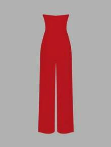 Women's Solid Color Minimalist Elegant Tube Straight Leg Jumpsuit,Elegant Sexy Spring Summer, High Waist Slim Fit Office Date - Red - View 3