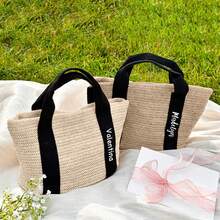 个性化字母名字编织亚麻手提袋 - 伴娘手提袋 - 可重复使用的礼品袋 - 适合搭配婚礼派对礼物 - 婚礼当天、春季郊游、度假、购物时赠送伴娘礼物，以及节日送给妈妈和家人的精美礼物