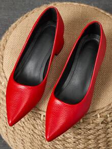 MonaNise 女士时尚尖头低鞋面砂岩纹理杏色封闭式高跟鞋，适合度假、旅行、散步、户外活动，百搭复古休闲高端 5 厘米黑色一脚蹬鞋 - 紅色 - 查看 4