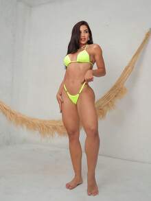 Sexy Tanning Bikini With Adjustable Thin Strap And Thong - Neon Green - View 2
