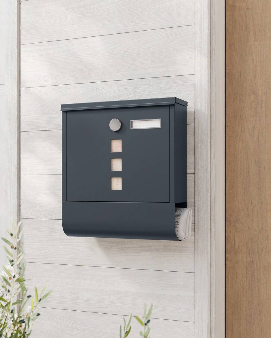Boîte aux Lettres Murale, avec Serrure avec Couvercle Rotatif, Fenêtre de Visualisation, Porte-nom, Compartiment à Journaux, Montage Facile, 10 x 30,8 x 33,8 cm, Gris Anthracite - Gris foncé - Voir 1