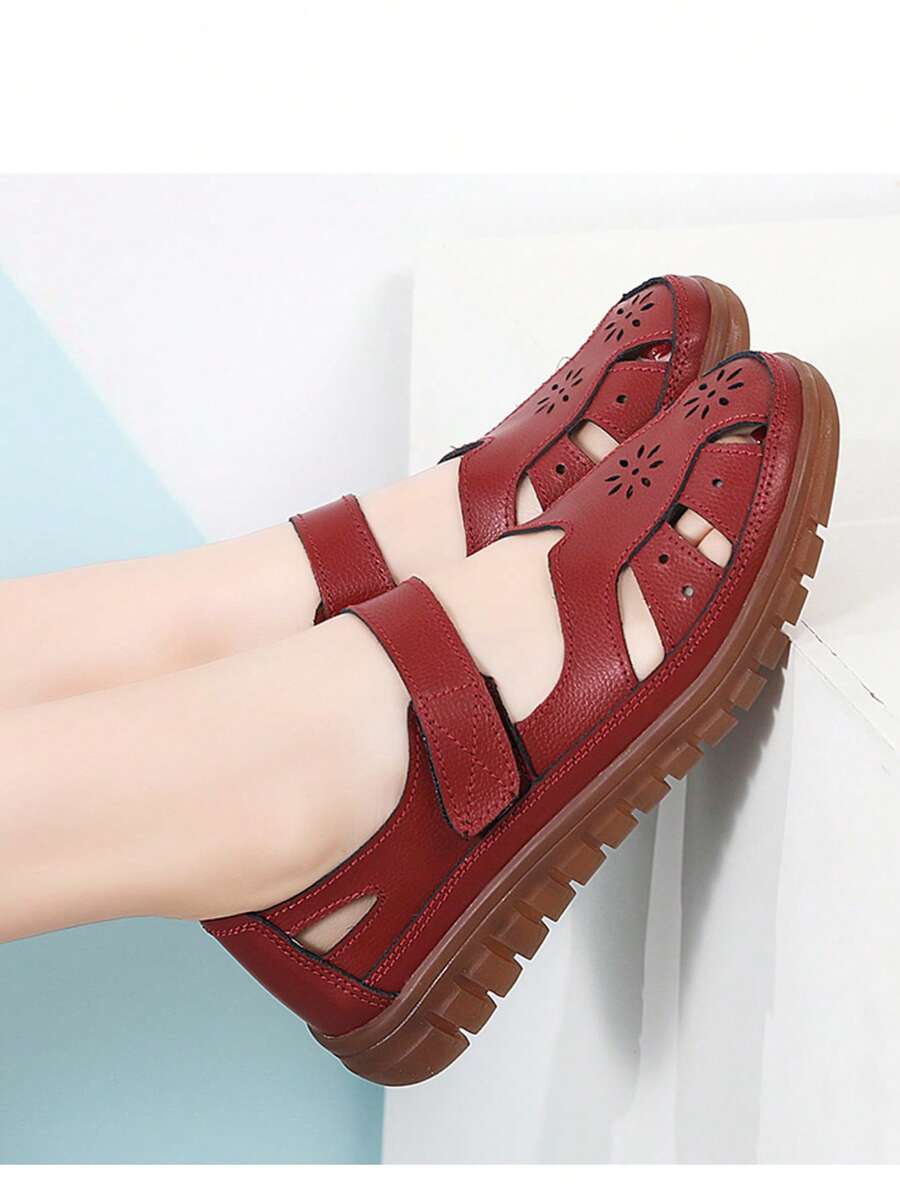 Women's Genuine Leather Flat Sandals, Closed Toe Fisherman Shoes, Casual Comfortable Summer Shoes, Work Shoes, Daily Walking Shoes, Quality Perforated Leather Slip-On Sandals For Women