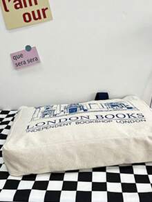 女士单肩包，伦敦书籍印花，女士休闲手提包，可重复使用，大容量，购物袋，沙滩包 - 米色 - 查看 3