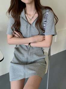 Mujeres vestido corto verano nuevo envejecimiento con capucha delgado temperamento de manga corta vestido de cremallera mujeres - Gris - Ver 1