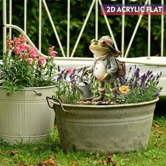 1 Piece, 5.0 Inch X 8.66 Inch, 2D Flat Traveling Frog Acrylic Garden Ground Stake, Waterproof And Durable Material, Suitable For Flower Beds, Lawns, Patios, Flower Pots, Gardening And Backyards, Whimsical Garden Decorative Ground Plugs
