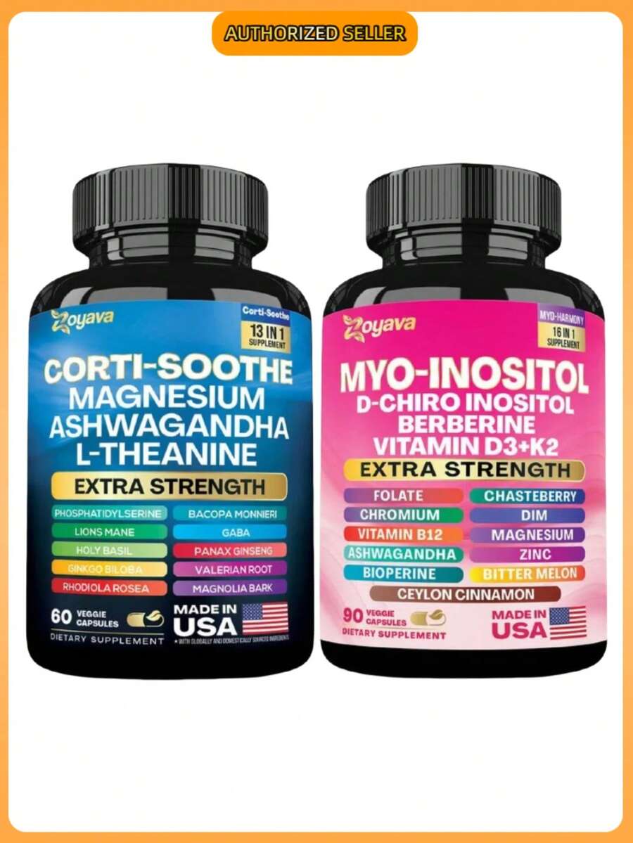 Zoyava Soothe & Smooth Bundle – Cortisol Balance & Myo-Inositol Supplement | Extra Strength Multivitamin Support For Mood, Hormones & Metabolism | Made In USA | 2-In-1 Wellness Combo (Pack Of 2) - 2瓶 - 查看 1