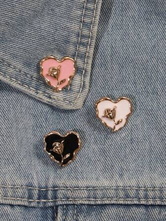 2-3pcs Fashion Resin Teardrop Heart & Rose Brooch Set, Tiny Anti-Lost Lapel Pin Badges For Everyday Wear