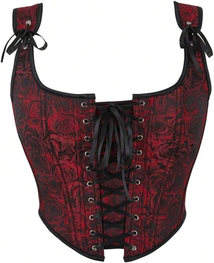 Womens Vintage 1920s Renaissance Lace Trim Corset Bustier, Retro Fashion - Red Rose - 查看 1