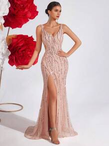 ADYCE Sequin Strap V-Neck Maxi Prom Dress High Waist Backless Criss-Cross Tie Up Back Banquet Party Evening Dress