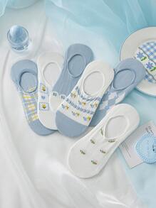 6 Pairs Of Women's Socks, Light Blue Fresh Geometric Floral Women's Boat Socks, Low Top Invisible Socks, Daily Casual Wear