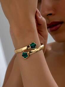 1 Peça Pulseira Aberta Ajustável de Moda Feminina, Presente de Joias Minimalista e Elegante - Trevo de quatro folhas verde - Visão 1