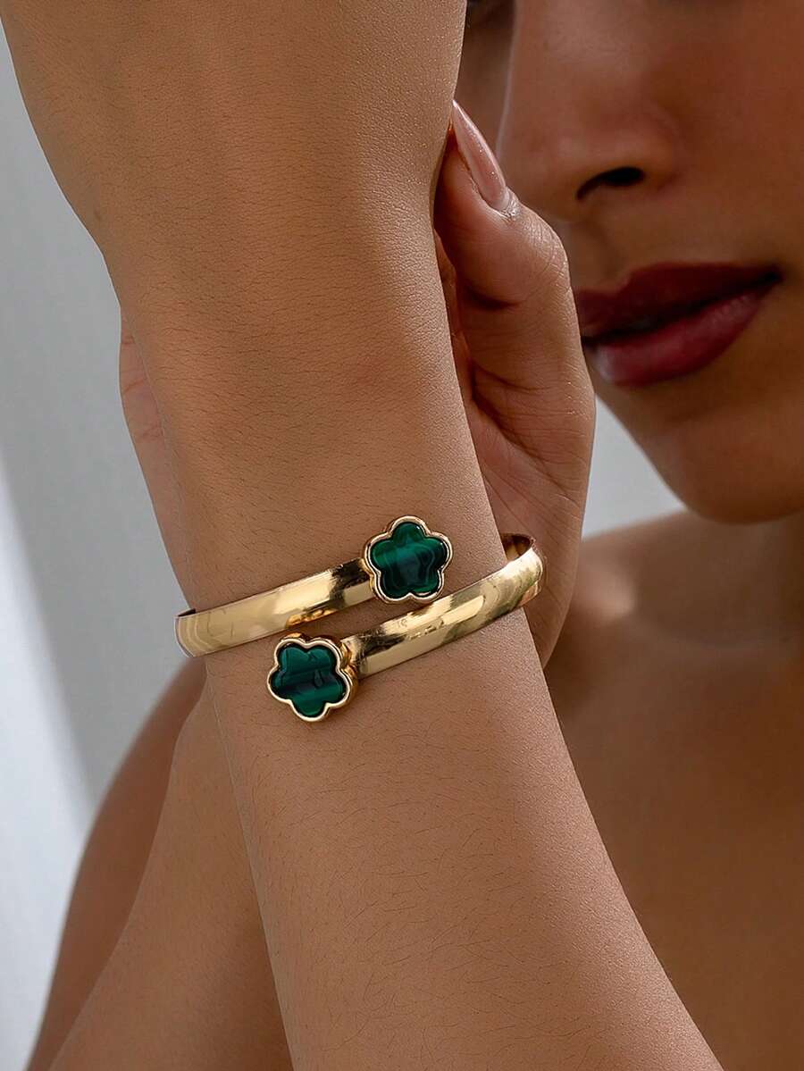 1 Peça Pulseira Aberta Ajustável de Moda Feminina, Presente de Joias Minimalista e Elegante - Trevo de quatro folhas verde - Visão 1