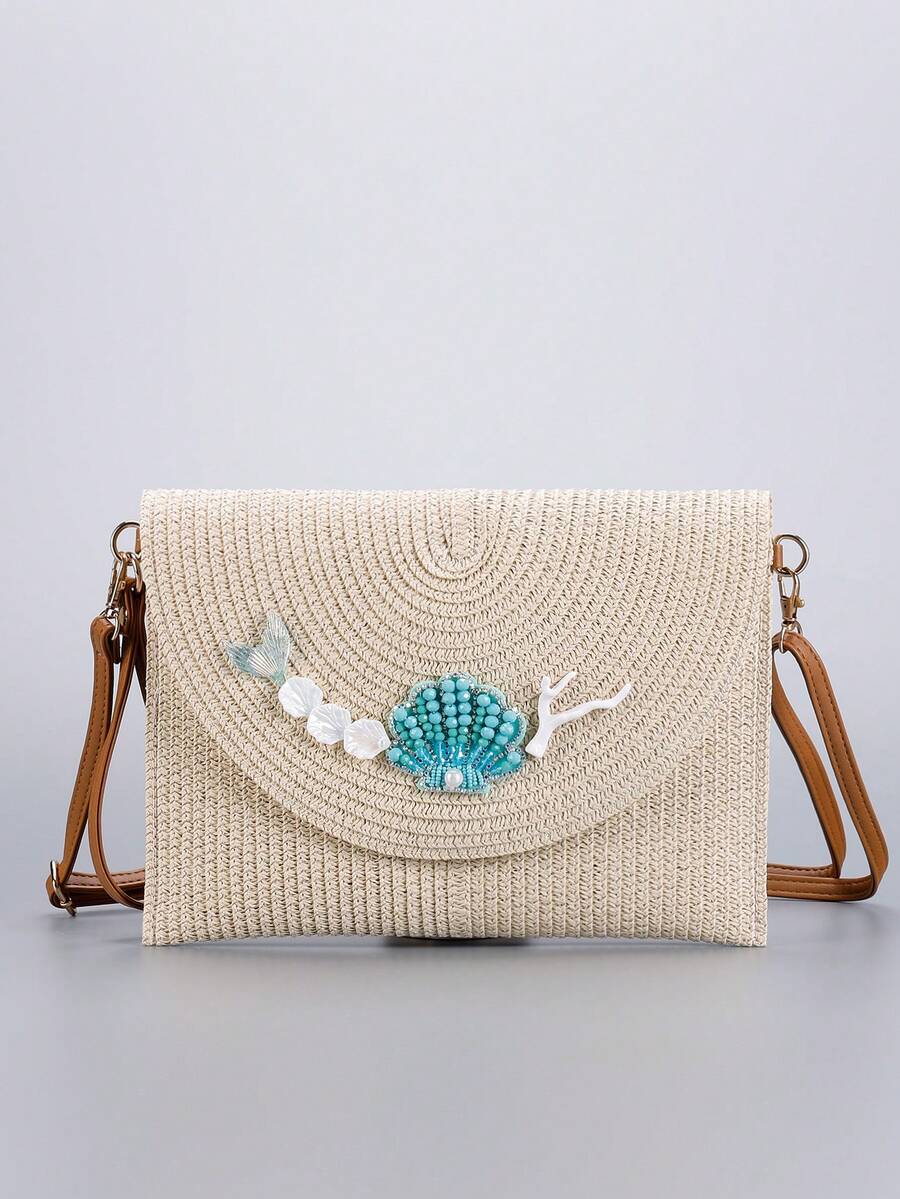 贝壳和美人鱼尾巴草编包，女士夏季沙滩斜挎包，航海风格设计，优雅的度假、节假日和日常外出必备包，旅行友好配件