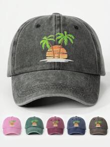 1pc Women Embroidered Palm Tree Washed Baseball Cap, Adjustable Outdoor UV Protection Sun Hat For Spring Autumn Travel Beach Vacation, Y2K Style Unisex Youth Cap