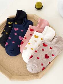 5 双女士纯色心形图案短袜，可爱甜美，柔软舒适，休闲简约，适合全年日常穿着 - 彩色 - 查看 5