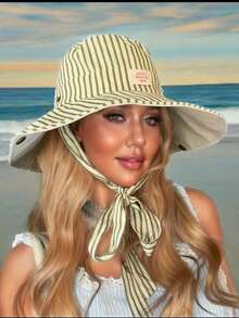 1pc Vintage Check Pattern Applique Contrast Color Drawstring Wide Brim Bucket Hat Boho Vacay Spring/Summer Sun Protection Hat, Bright Monochromatic Looks, Tie Strap UV Protection Travel Accessory - Multicolor - View 2