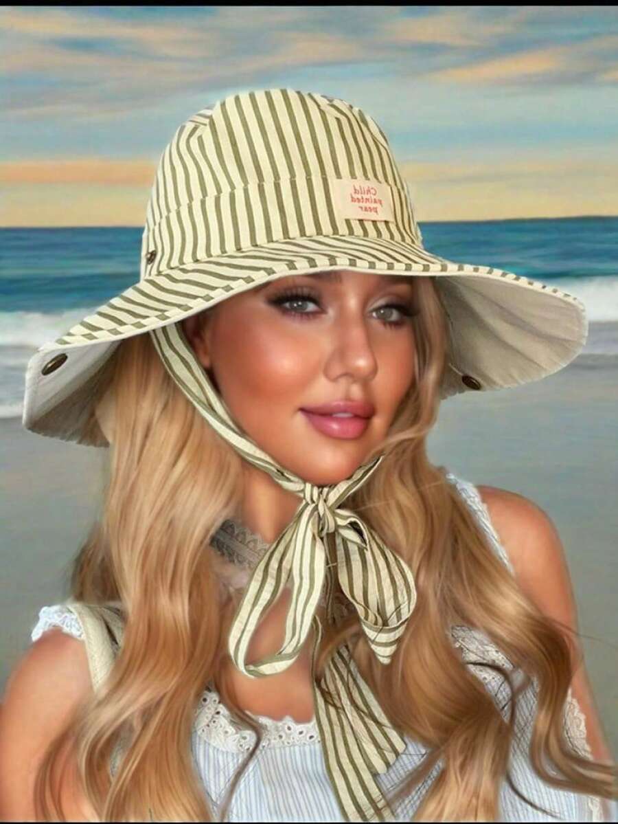 1pc Vintage Check Pattern Applique Contrast Color Drawstring Wide Brim Bucket Hat Boho Vacay Spring/Summer Sun Protection Hat, Bright Monochromatic Looks, Tie Strap UV Protection Travel Accessory