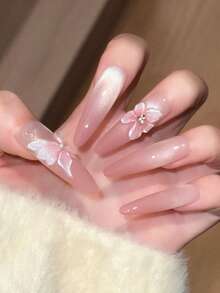 10 片纯手工可穿戴长椭圆形指甲，指甲按压指甲美甲用品夏季指甲按压指甲片手工按压指甲春季按压 Y2k 指甲短按压指甲假指甲 - 彩色 - 查看 5